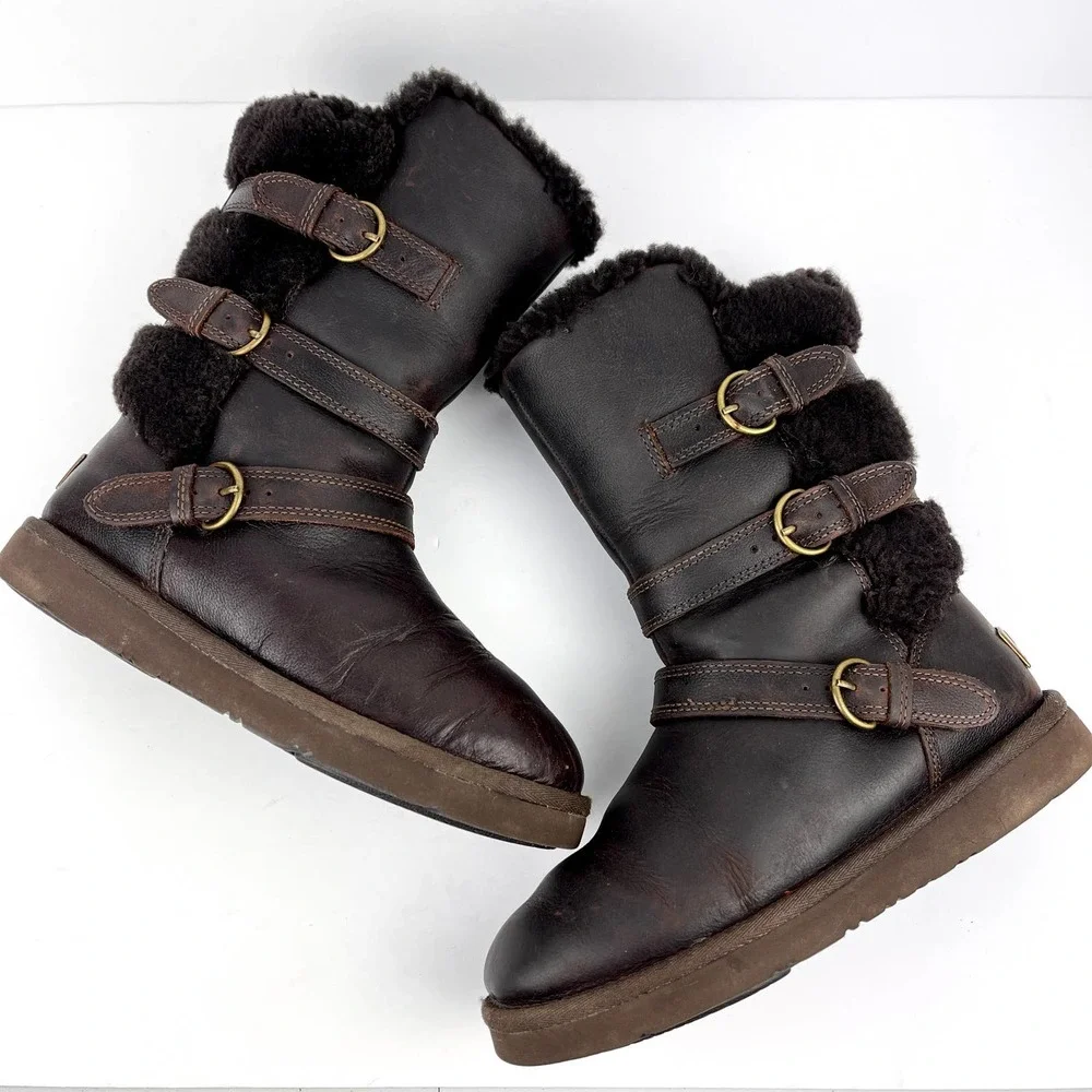 UGG Becket Shearling & Leather Water Resistant Buckle Boot Dark Brown 6 - Picture 5 of 12